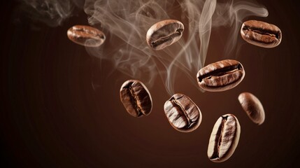 Wall Mural - Aesthetic Coffee Beans Vector Graphic with Smoke on Dark Brown Background