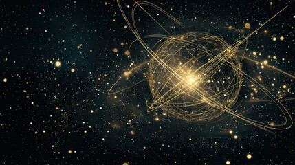 Poster - Abstract Golden Sphere with Lines and Stars on Black Background