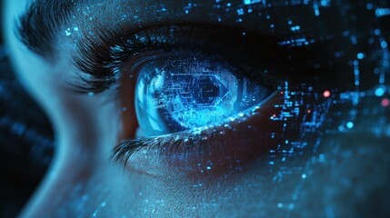 Wall Mural - Close-up of a human eye with a digital world reflected in the pupil.