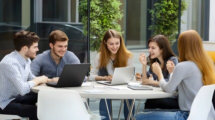 Poster - A group of young professionals collaborate on a project using laptops.