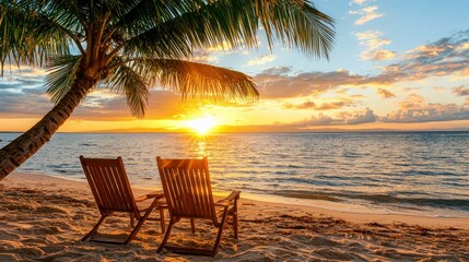 Canvas Print - Tropical Sunset Beach with Palm Tree and Chairs