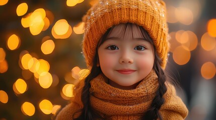 A young girl in a yellow knit hat and scarf smiles at the camera with warm bokeh lights in the background.