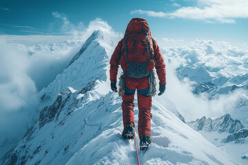 Canvas Print - A climber reaching the summit after a challenging ascent, overwhelmed by the view. Concept of accomplishment and natural beauty. Generative Ai.