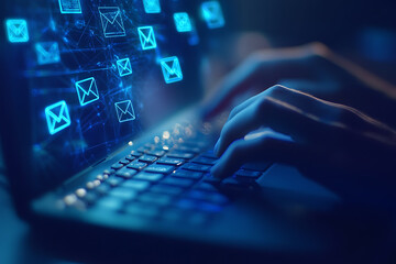 Wall Mural - An employee uses a keyboard with email icons in her office   in wireframe style on blue background
