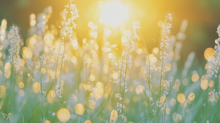 Sticker - White Flowers in Golden Sunlight  Summer Meadow Bokeh Background