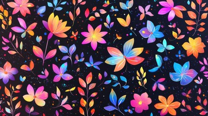 Canvas Print - Abstract Neon Floral Pattern with Colorful Flowers and Leaves on Black Background