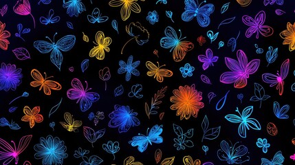 Canvas Print - Neon Butterfly and Flower Pattern Seamless Design