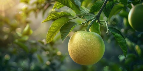 Wall Mural - Close-up of a pomelo fruit on the tree highlighting its sweet and tender qualities, featuring an ideal balance of sweetness and acidity.