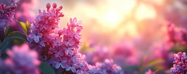 Close up of blooming lilac flowers with soft background blur and sunlight.