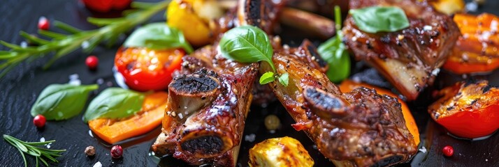 Poster - Close-up of succulent roasted lamb ribs accompanied by a selection of vegetables on a dining table.