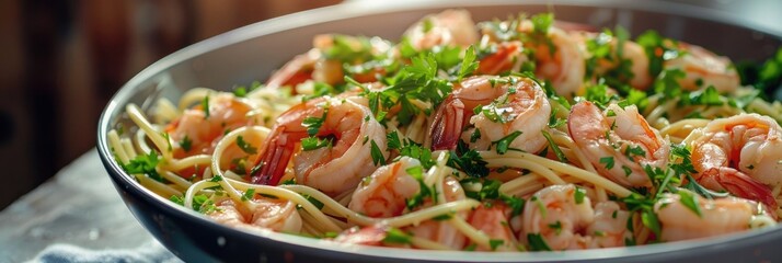 Wall Mural - Shrimp Scampi with Pasta and Fresh Parsley Prepared at Home