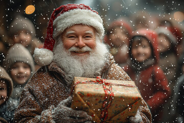 Wall Mural - Santa Claus delivering gifts to children in a snowy village, with twinkling lights illuminating the night. Concept of Christmas joy and community celebrations.