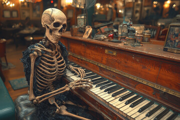 Poster - A skeleton playing a spooky tune on a piano in a dimly lit, haunted parlor. Concept of Halloween music and eerie ambiance.