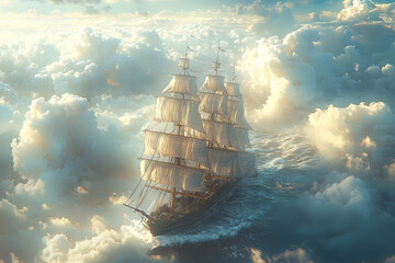 Wall Mural - A ship sailing through the clouds, its sails billowing in the wind. Concept of skybound adventures and fantasy exploration.