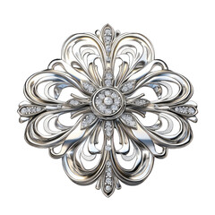 Vintage style silver broach isolated on white background, transparent