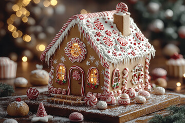 Poster - A gingerbread house decorated with icing, candy canes, and gumdrops, ready to be admired. Concept of holiday creativity and festive baking.