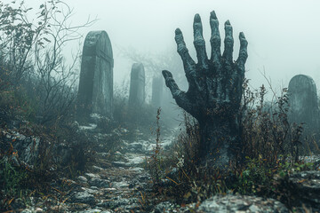 Canvas Print - A foggy graveyard with old, crumbling tombstones and skeleton hands emerging from the ground. Concept of Halloween horror and spooky settings.