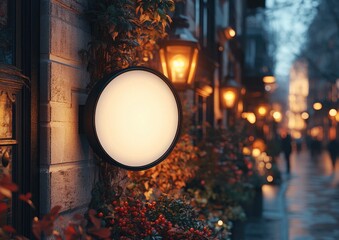 Canvas Print - Blank Sign on Brick Wall in Evening City Setting