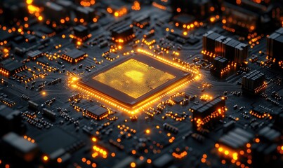 Canvas Print - Close Up Of A Glowing CPU On A Circuit Board