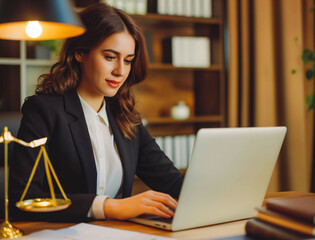 Happiness, laptop and typing professional woman, advocate or government attorney reading feedback review. Corporate research, law firm and business lawyer working on legal project development plan