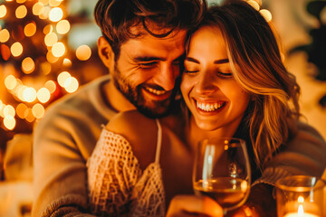 Happy young couple in love hugging each other and drinking wine on the anniversary dating night, romantic dim light, decent dinner, with copy space, great for Valentine's night, dating night