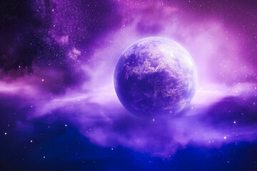 Planet image, unreal galaxy image purple background with space for design