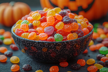 Canvas Print - A bowl overflowing with assorted Halloween candies, ready for trick-or-treaters. Concept of Halloween treats and childhood excitement.