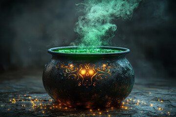 Sticker - A witchâ€™s cauldron bubbling with green potion, emitting a glowing vapor. Concept of Halloween magic and witchcraft.