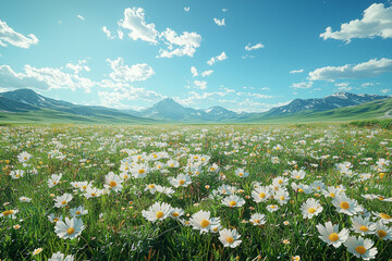 Wall Mural - a wide plain dotted with wildflowers and grasses, stretching as far as the eye can see. concept of e