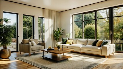 Minimalist luxury modern living room interior design, morning light, modern interior concept for use. contemporary interior design.