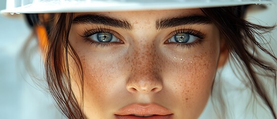 Wall Mural - Closeup of a woman's face with freckles, wearing a white hardhat, looking directly at the camera.