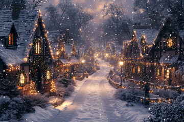 Wall Mural - A snowy village at night, with wreaths on the doors and lights twinkling in the windows. Concept of holiday peace and small-town charm.