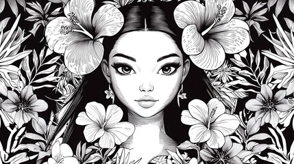 Poster - Black and White Illustration of a Woman with Flowers in her Hair