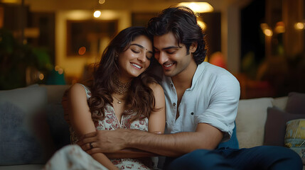 Poster - A couple enjoying a cozy moment together, smiling and embracing on a sofa.