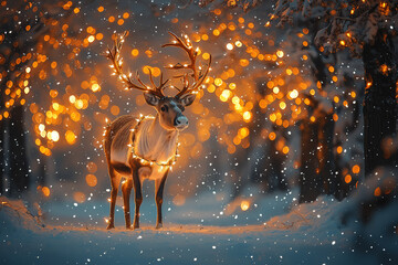 Sticker - A reindeer standing in a snowy forest, its antlers adorned with festive lights. Concept of Christmas folklore and the magic of the season.