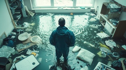 flooded house man standing in water damaged room home disaster water damage insurance claim