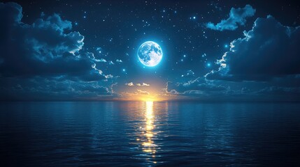 Poster - Night Sky with Moon and Stars over Calm Ocean