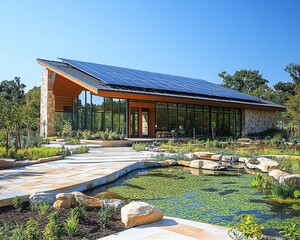 Green community center with sustainable architecture, including solar panels, rainwater harvesting systems, and natural landscaping