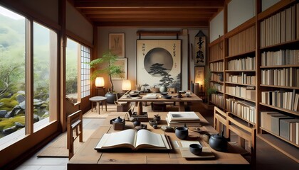 Wabi sabi style study room, wooden desk, made of wood, created with generative artificial intelligence.