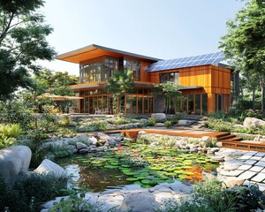 Green community center with sustainable architecture, including solar panels, rainwater harvesting systems, and natural landscaping