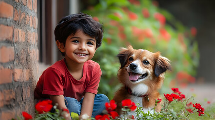 Canvas Print - A joyful child sitting beside a happy dog among vibrant flowers.