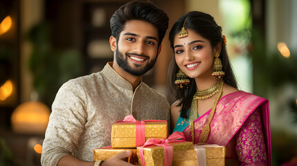 Sticker - A joyful couple poses with gift boxes, celebrating a festive occasion in traditional attire.