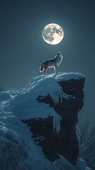 A lone wolf stands majestically on the edge of a snowy cliff, howling at a bright, full moon illuminating the dark night sky. The cliff is covered in snow and ice, adding to the cold and serene atmosp