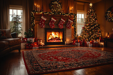 Wall Mural - A cozy living room with stockings hanging from the mantel, a fire crackling in the hearth, and a Christmas tree glowing in the corner. Concept of holiday ambiance and warmth.