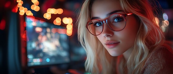 Woman with blonde hair and red glasses looks at the camera.