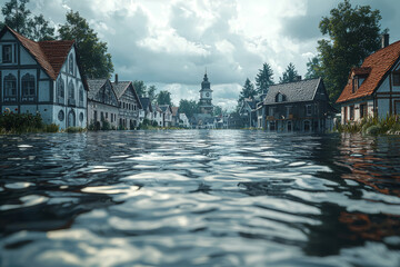 Sticker - A village submerged in floodwaters with only rooftops visible. Concept of the increasing frequency of extreme weather events and their impacts.