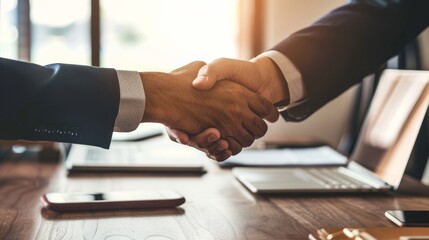 Close-up of two businessmen shaking hands in a bright office, symbolizing a successful partnership and collaboration agreement..