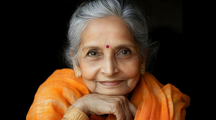 Wall Mural - A portrait of an elderly woman with a warm smile, showcasing wisdom and grace.