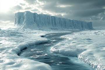 Poster - A melting glacier forming a small stream that flows into a vast ocean. Concept of freshwater loss and rising sea levels.