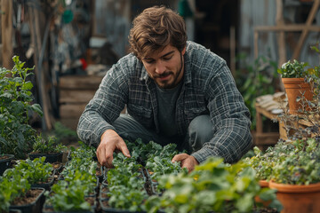 Sticker - A man planting a small garden in his backyard, cultivating his own food. Concept of self-sustenance and connection with nature.